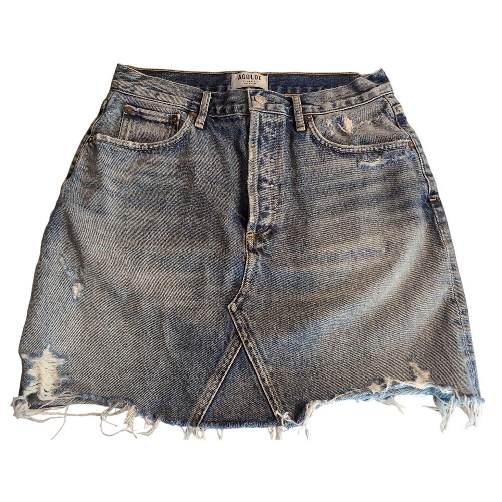 AGOLDE Distressed Denim Mini Skirt Raw Hem Y2K High Rise Festival Size 27